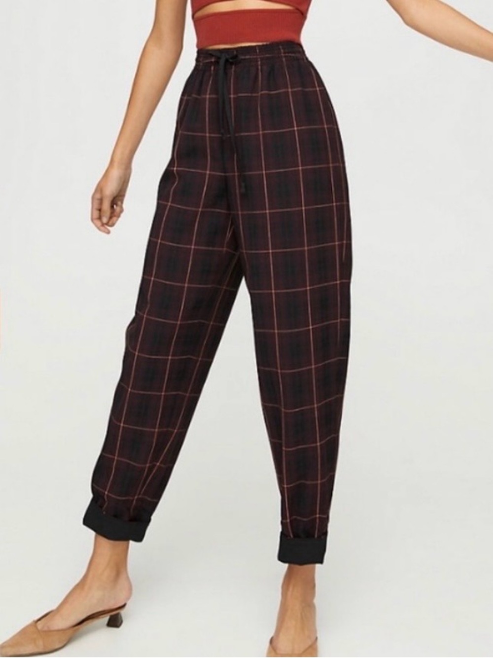 Wilfred Soleste Plaid Pants Maroon High Rise Cuffed Large